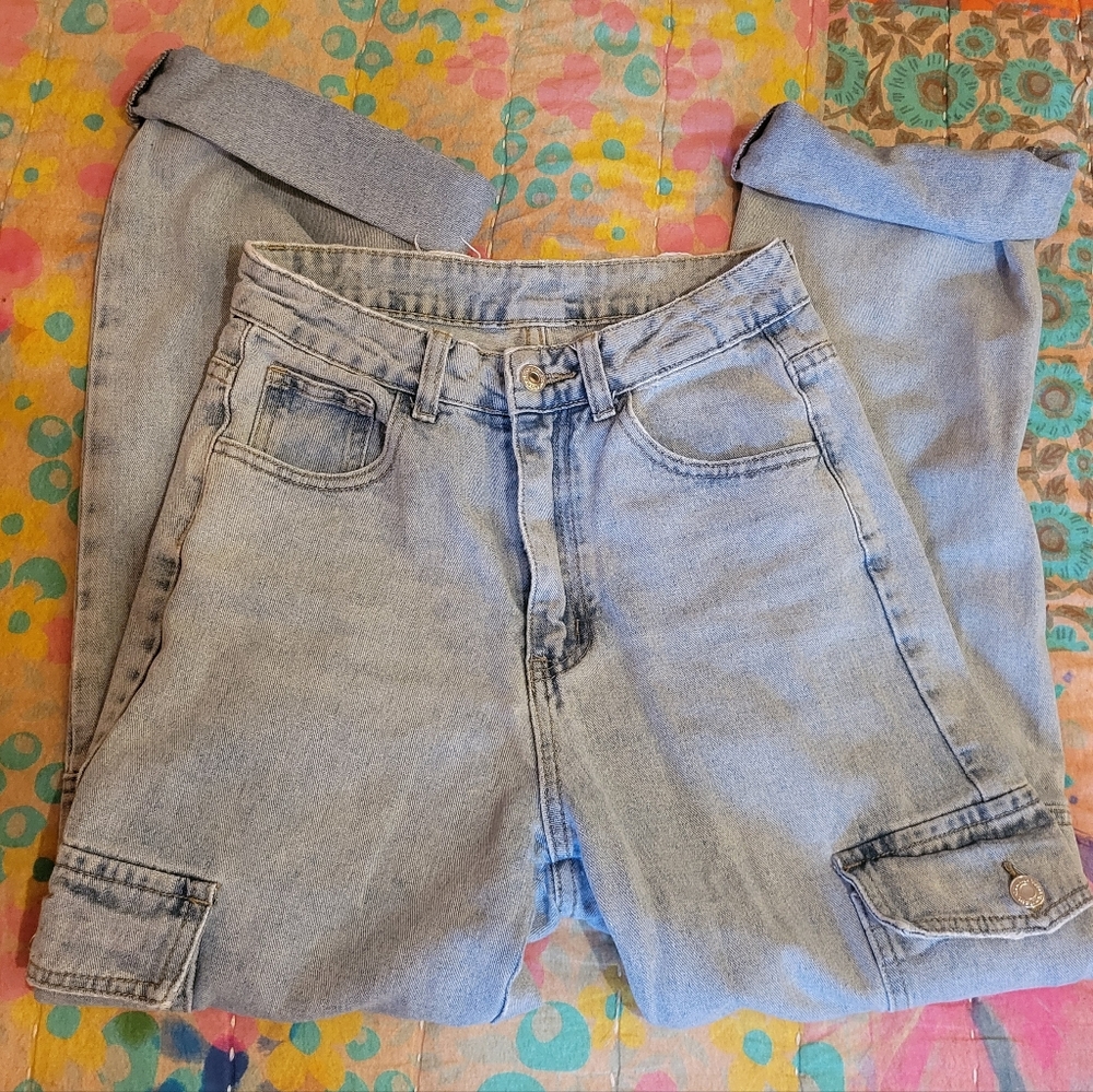 SHEIN High Waist Barrel Cargo Light Blue Whiskered Jeans, XS, Length 31, EUC